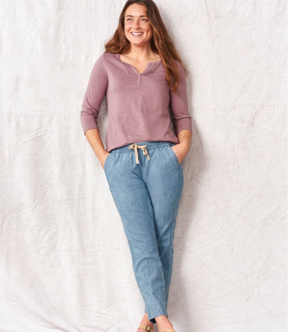 Women's Lakewashed Pull-On Chinos Mid-Rise Chambray Ankle Pants