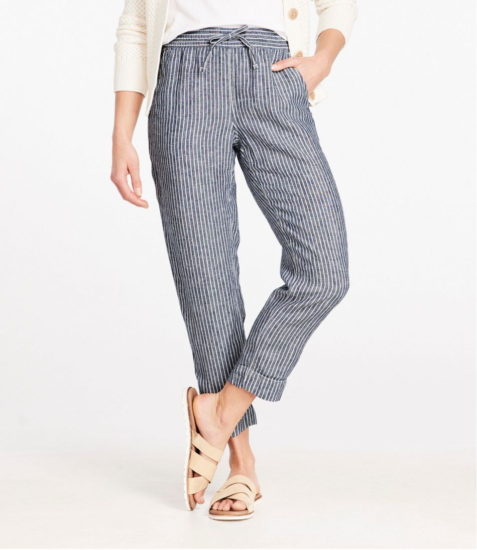 Mid-Rise Tapered-Leg Stripe Women's Premium Linen Pull-On Ankle Pants