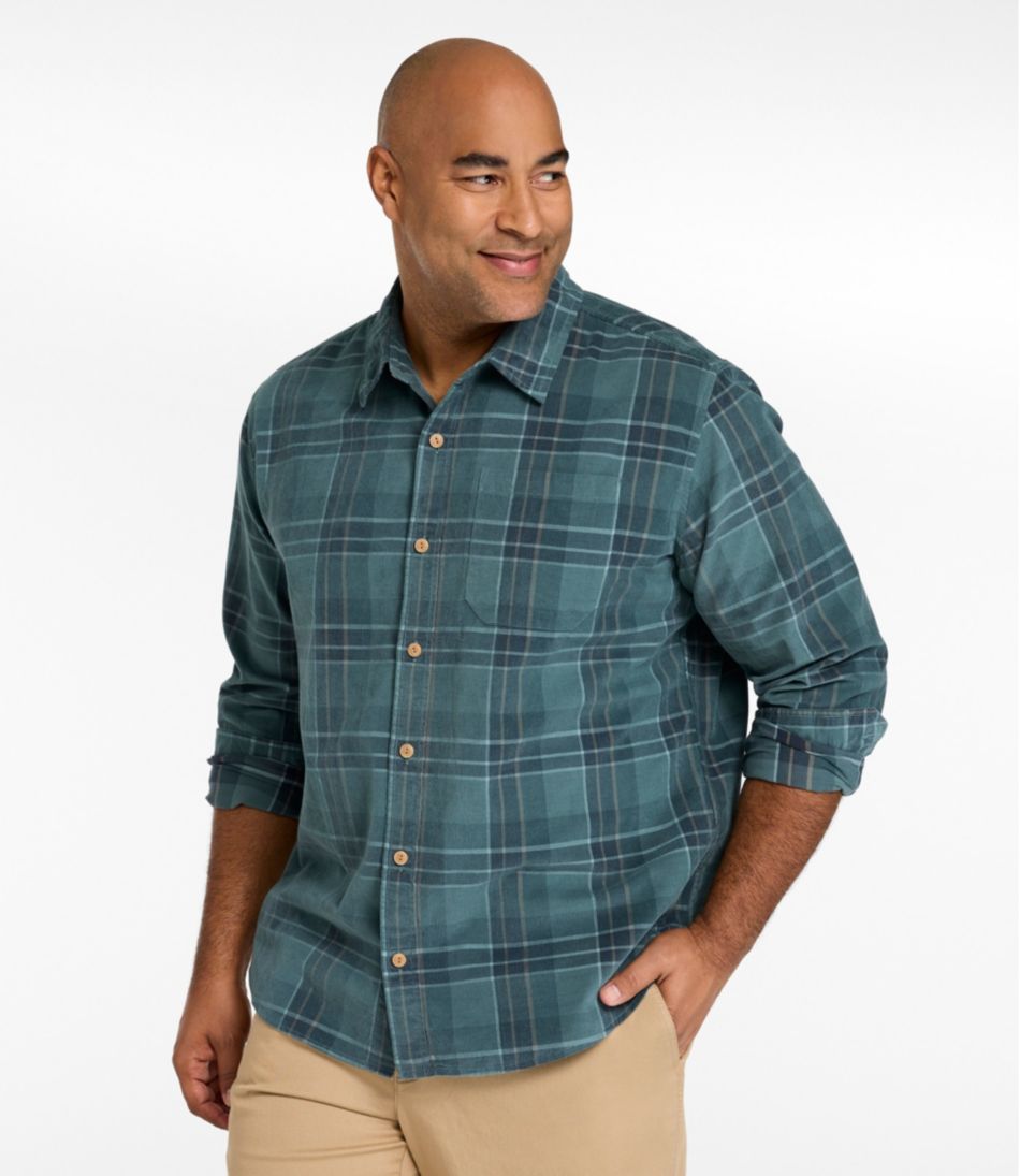 Men's Sunwashed Corduroy Shirt Slightly Fitted Untucked Fit Plaid