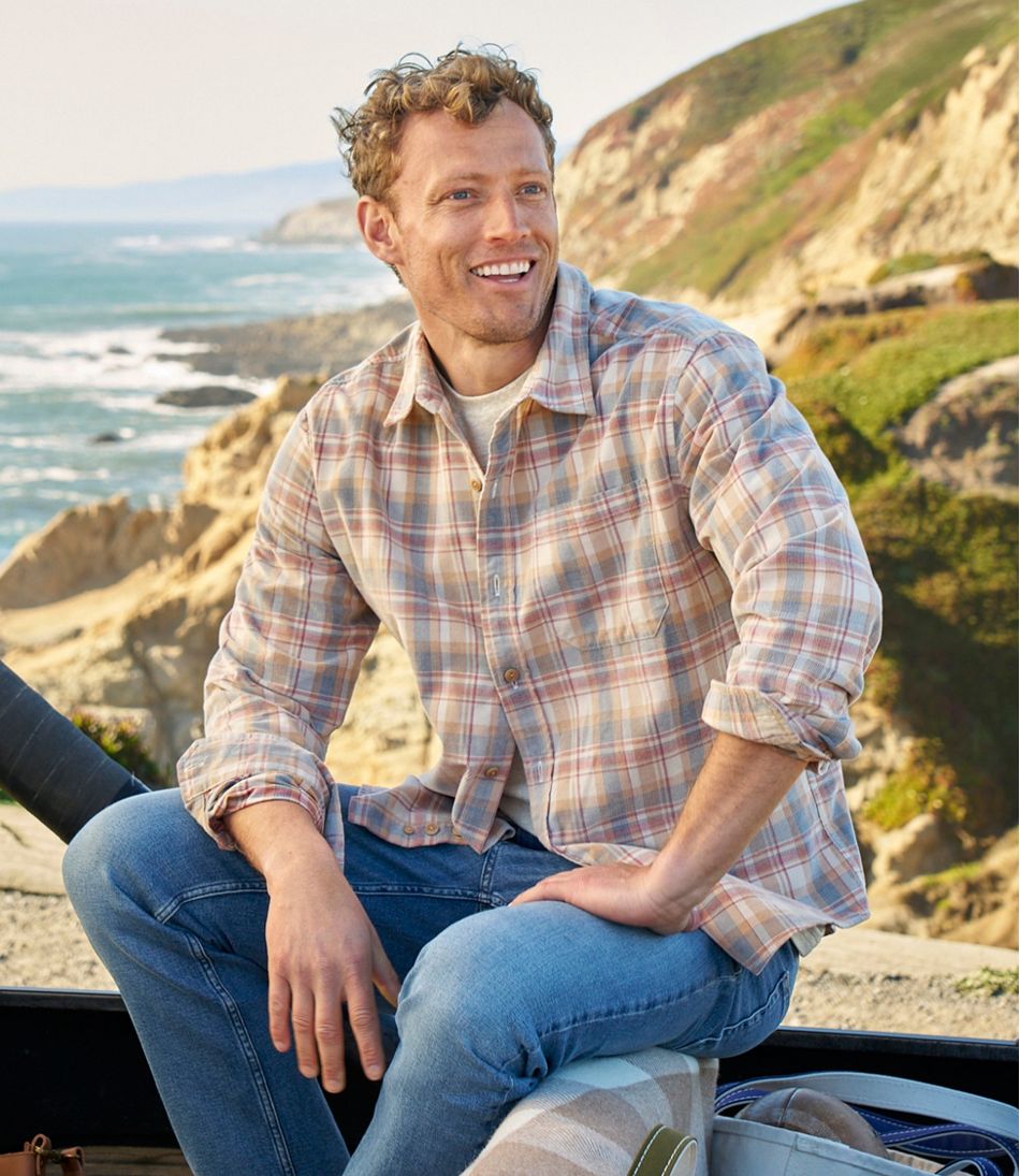 Men's Sunwashed Corduroy Shirt, Slightly Fitted Untucked Fit, Plaid