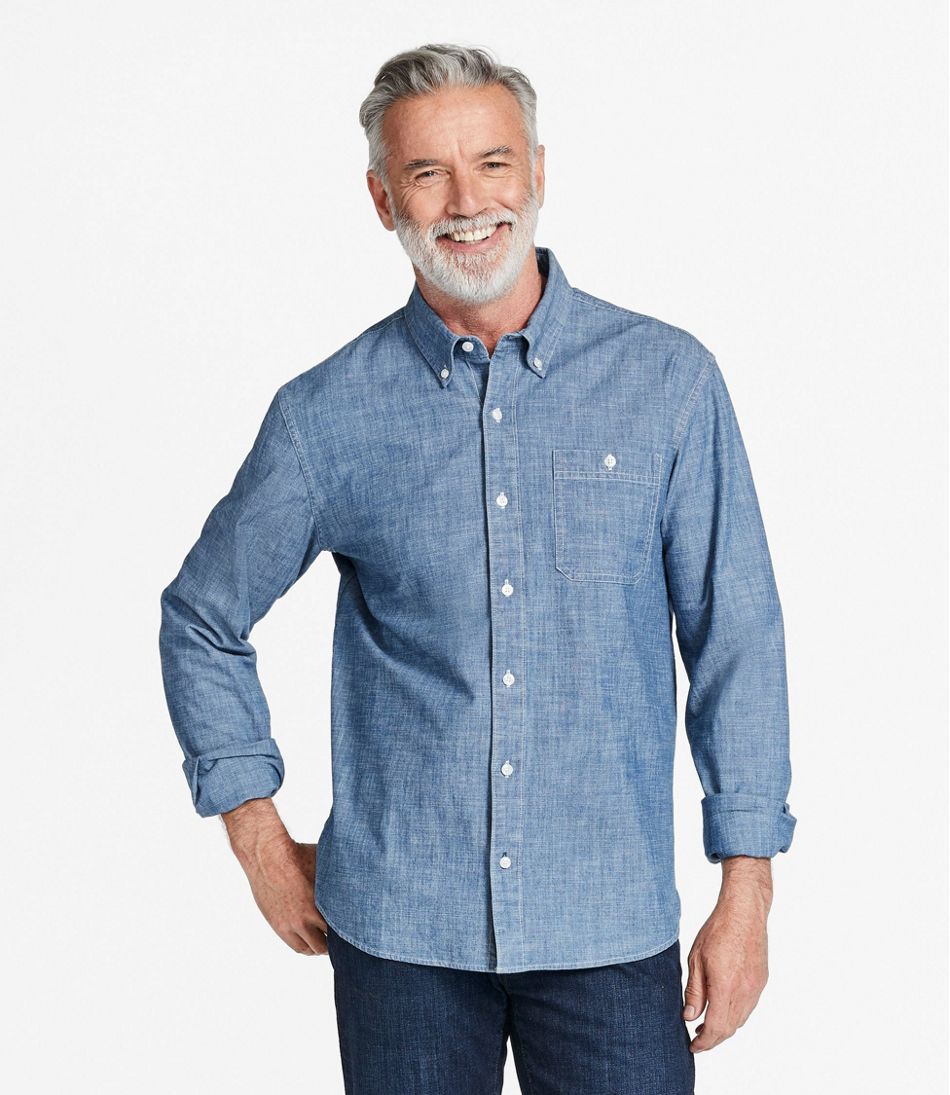 Long-Sleeve Men's Comfort Stretch® Chambray Shirt Traditional Untucked Fit