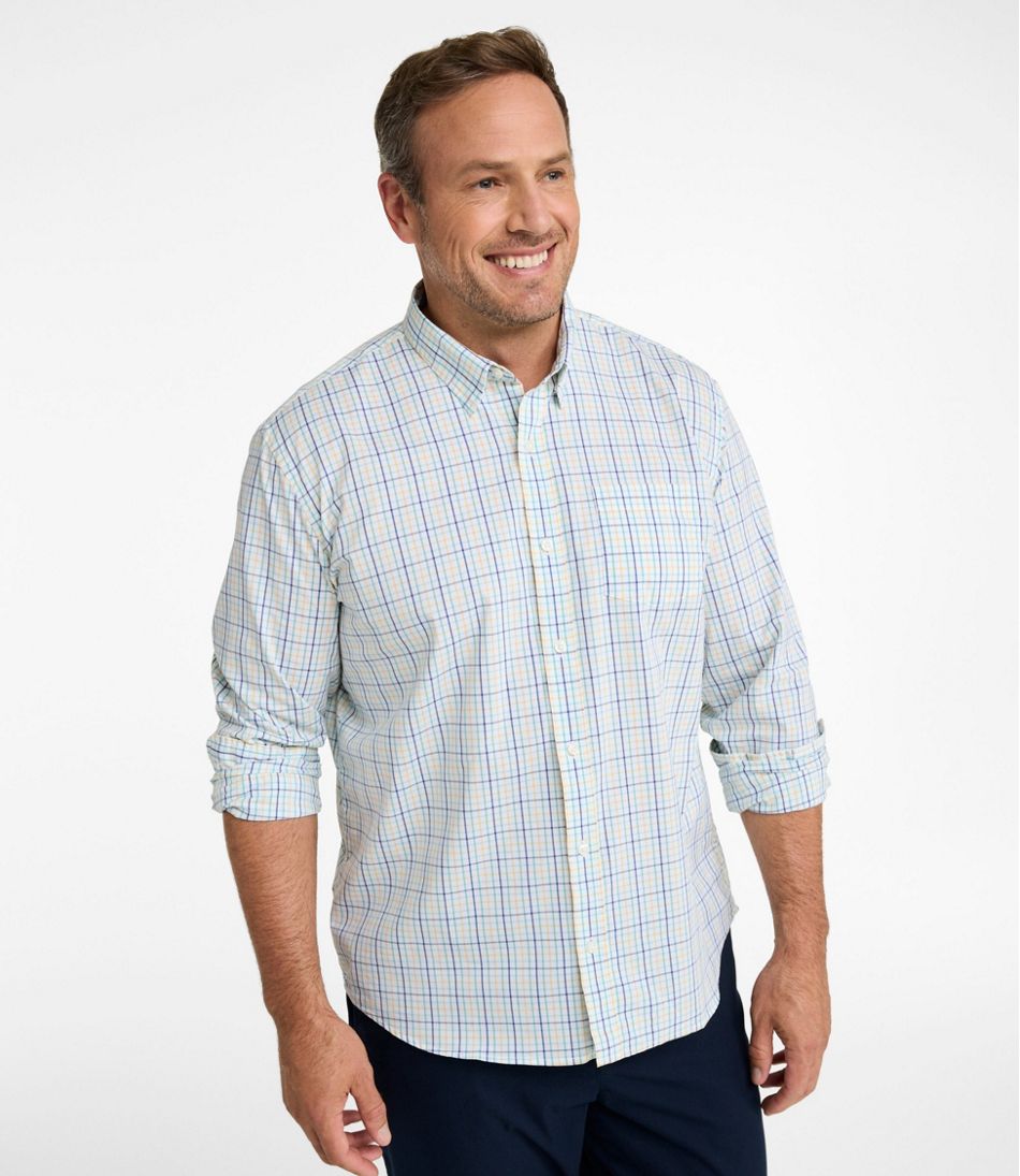 Long-Sleeve Men's Comfort Stretch Performance® Shirt Plaid Slightly Fitted Untucked Fit