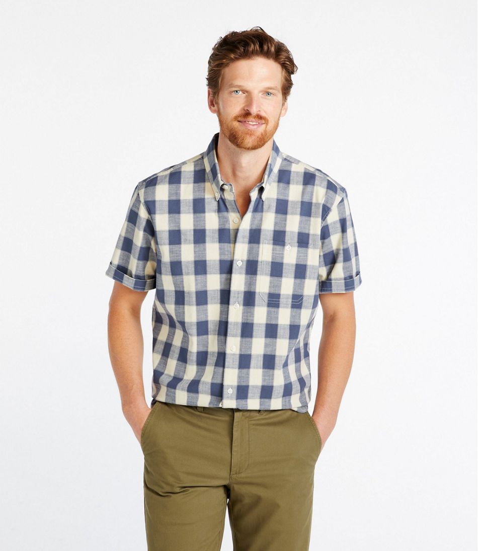 Men's Comfort Stretch® Chambray Shirt Plaid Short-Sleeve Traditional Untucked Fit