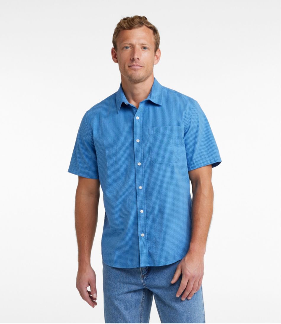 Men's Organic Cotton Seersucker Shirt Plaid Slightly Fitted Short-Sleeve
