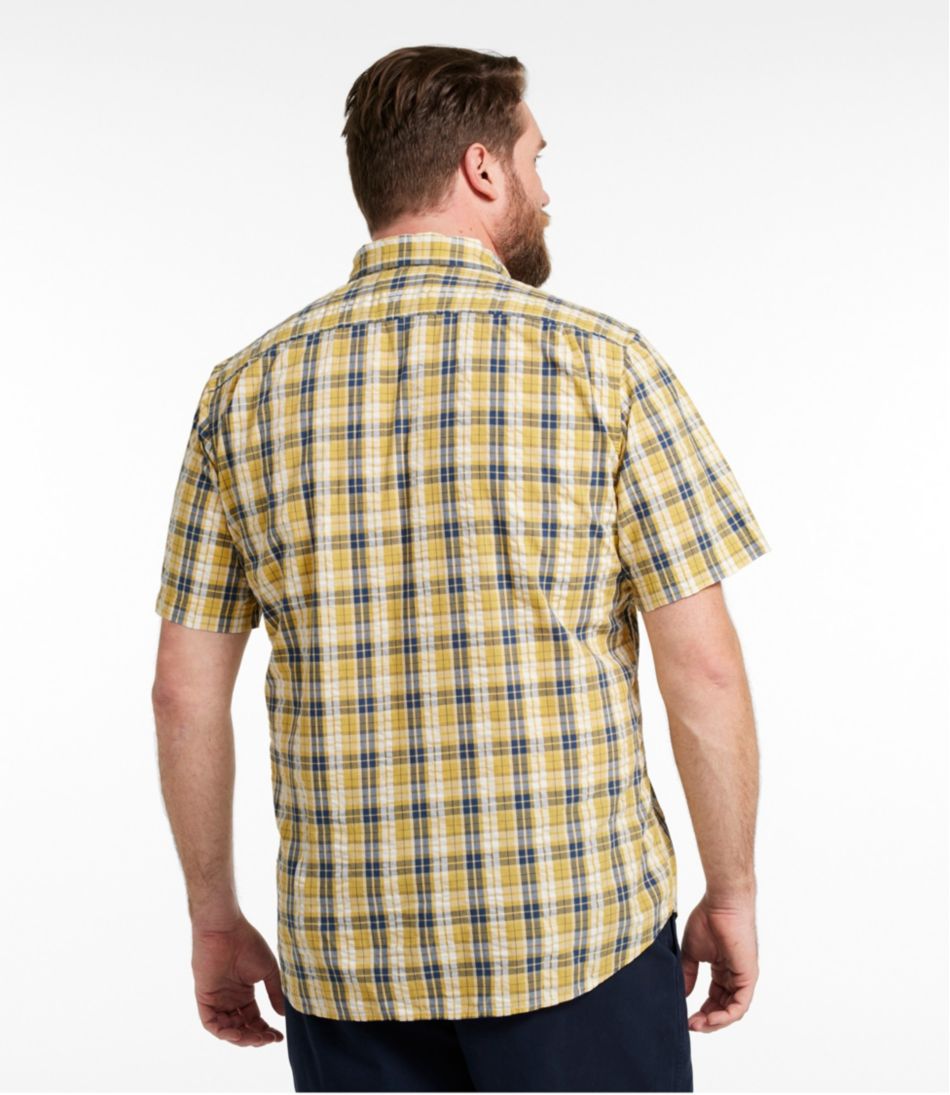 Men's Organic Cotton Seersucker Shirt Plaid Slightly Fitted Short-Sleeve