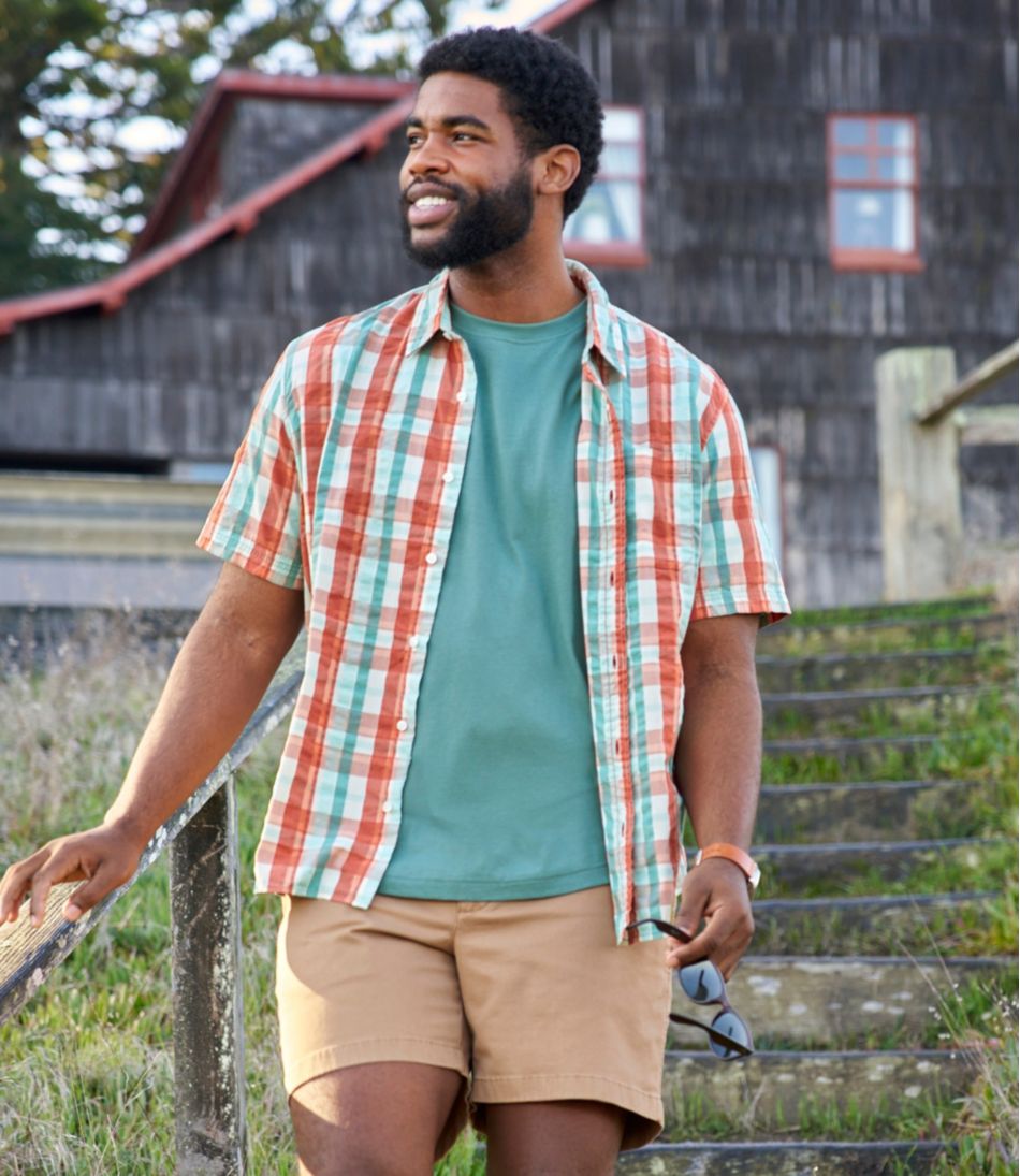 Men's Organic Cotton Seersucker Shirt Plaid Slightly Fitted Short-Sleeve