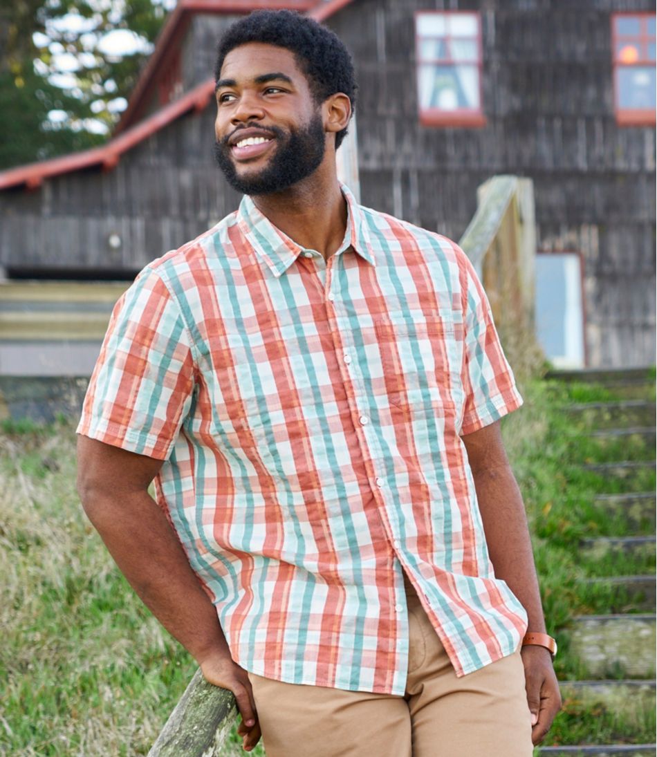 Men's Organic Cotton Seersucker Shirt Plaid Slightly Fitted Short-Sleeve