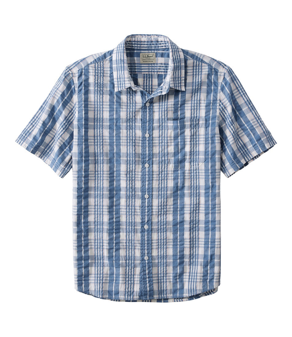 Men's Organic Cotton Seersucker Shirt Plaid Slightly Fitted Short-Sleeve