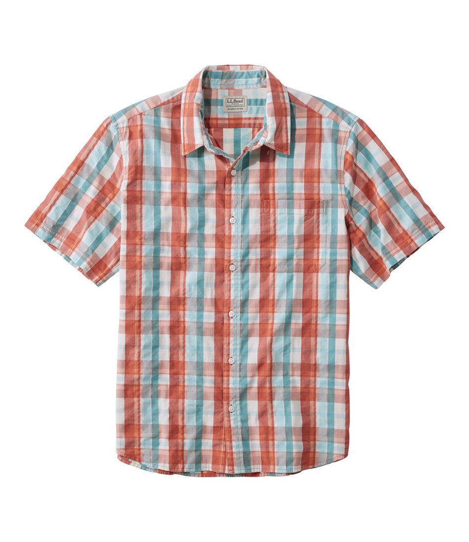 Men's Organic Cotton Seersucker Shirt Plaid Slightly Fitted Short-Sleeve