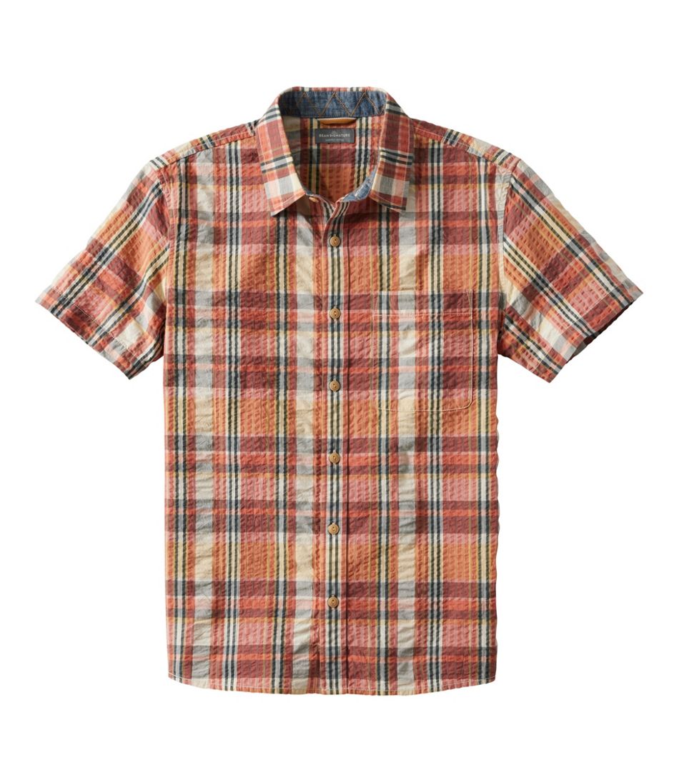Short-Sleeve Men's Signature Seersucker Madras Shirt Slightly Fitted