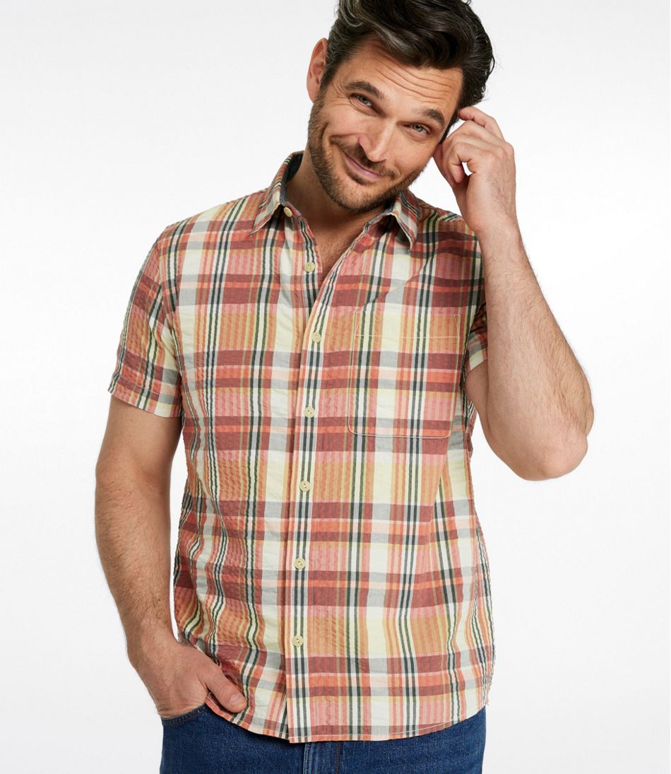 Short-Sleeve Men's Signature Seersucker Madras Shirt Slightly Fitted