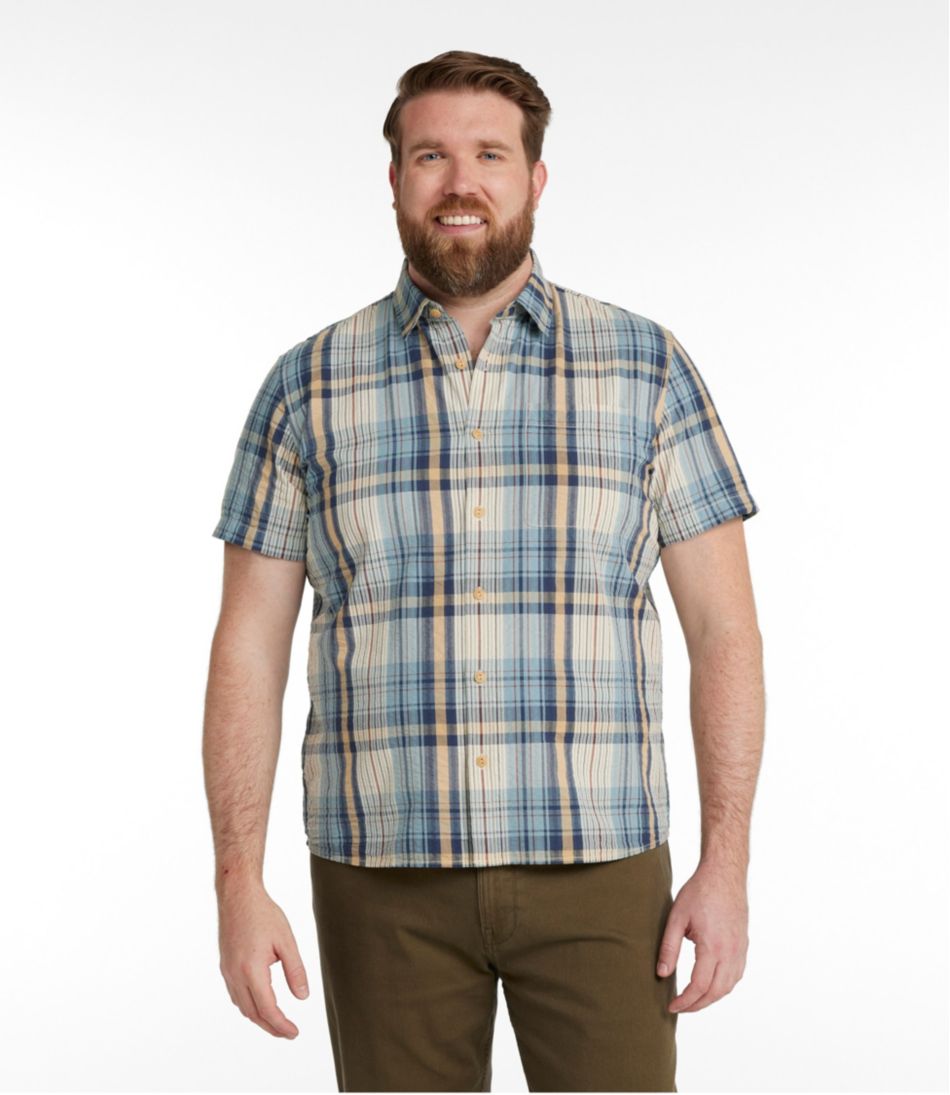 Short-Sleeve Men's Signature Seersucker Madras Shirt Slightly Fitted
