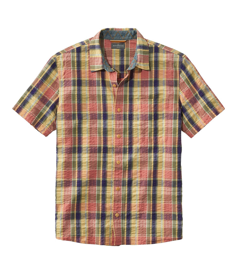 Short-Sleeve Men's Signature Seersucker Madras Shirt Slightly Fitted