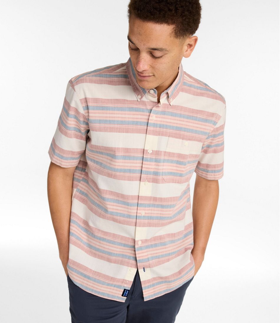 Short-Sleeve Stripe Traditional Untucked Fit Men's Comfort Stretch Chambray Shirt