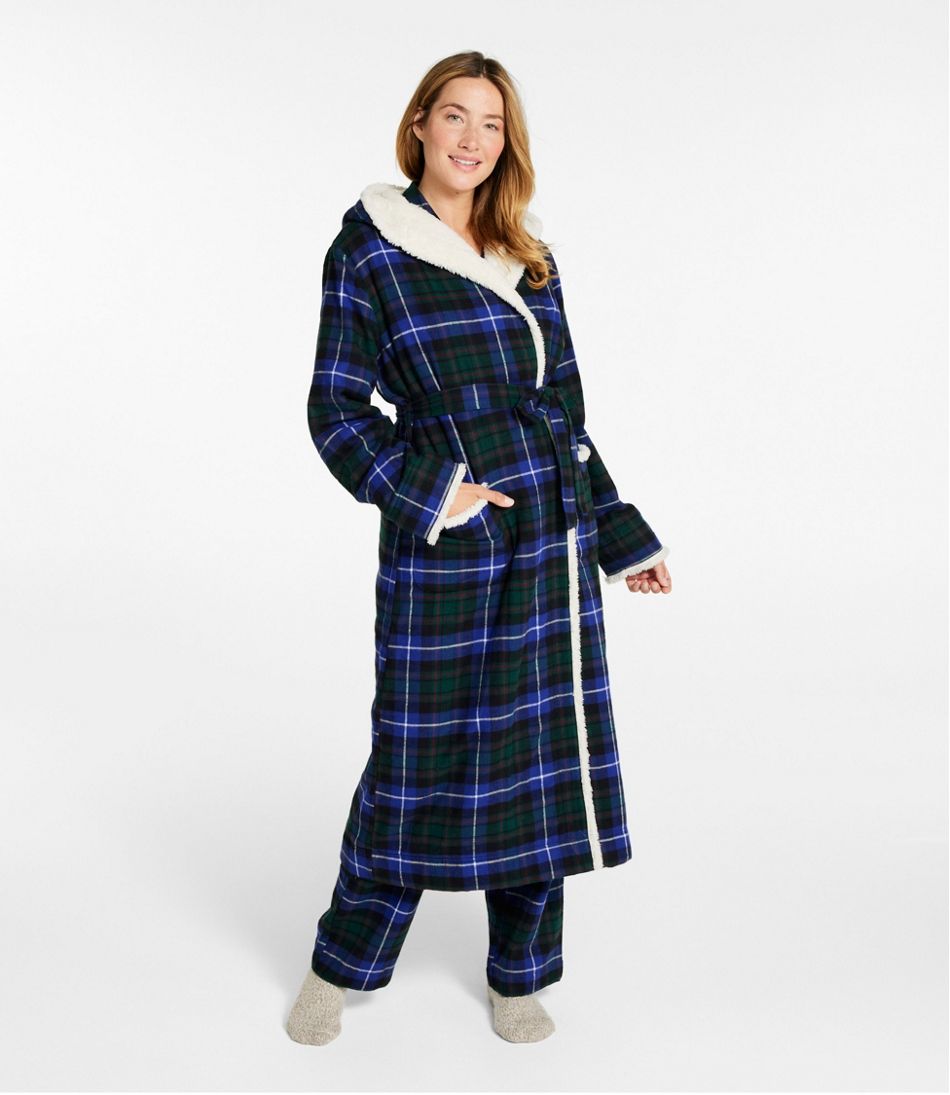 Sherpa-Lined Long Women's Scotch Plaid Flannel Robe