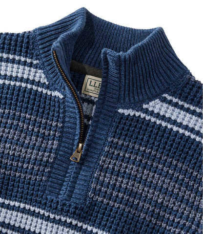 Men's Organic Cotton Waffle Sweater, Quarter Zip, Stripe