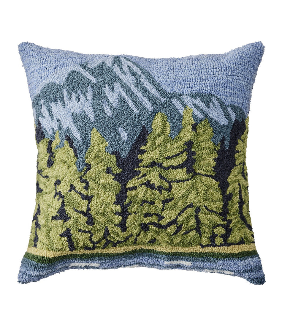 Indoor/Outdoor Hooked Pillow Lakeside Mountain Scene
