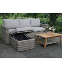 Wicker Storage Sofa and Teak Coffee Table Set
