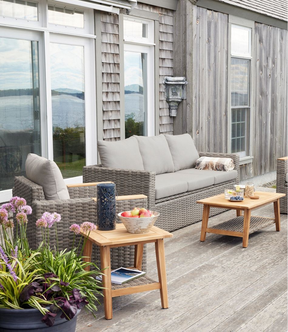 Wicker Storage Sofa and Teak Coffee Table Set