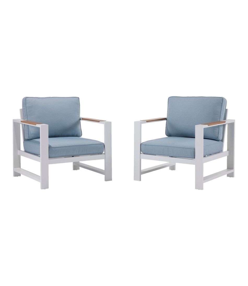 Set of Two White Aluminum Deep Seating Armchair with Blue Cushions