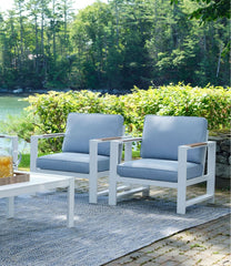 Set of Two White Aluminum Deep Seating Armchair with Blue Cushions