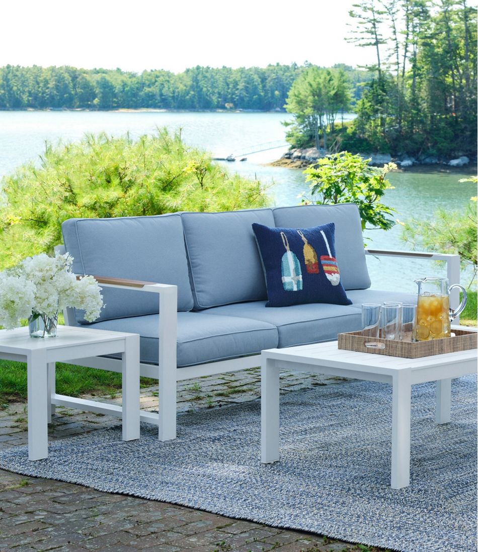 White Aluminum Deep Seating Sofa with Blue Cushions