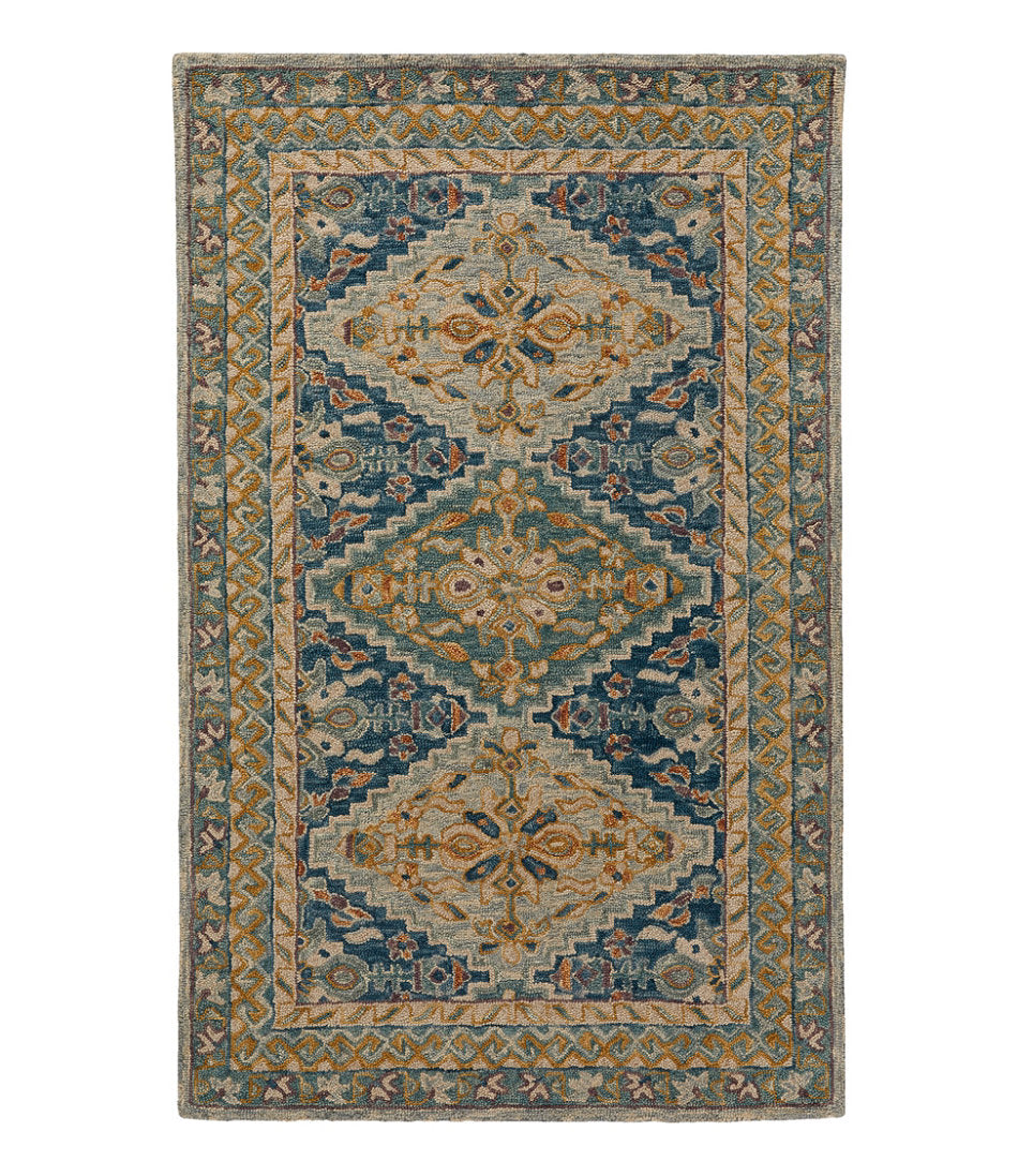 Bordered Medallion Wool Tufted Rug Blue Multi